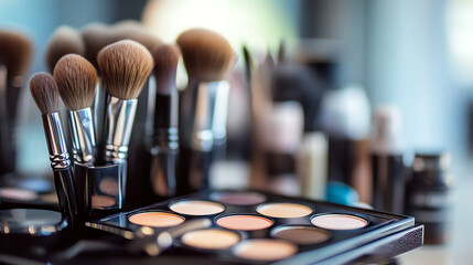 Professional makeup brushes and eyeshadow palette. Perfect for beauty industry and cosmetics expertise visualization.