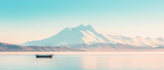 A lone wooden boat floating on a perfectly still lake with snow-covered mountain peaks in pastel sunrise colours. Generative AI