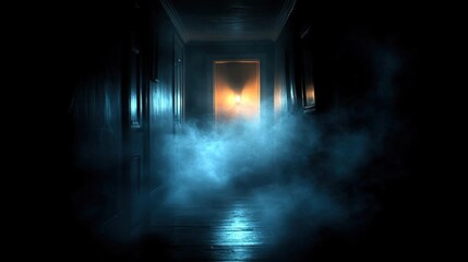 Eerie Foggy Hallway in an Abandoned Building, Mysterious and Dark Atmosphere