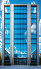 Fototapeta premium Modern glass building reflecting clouds and sky, showcasing contemporary architecture.