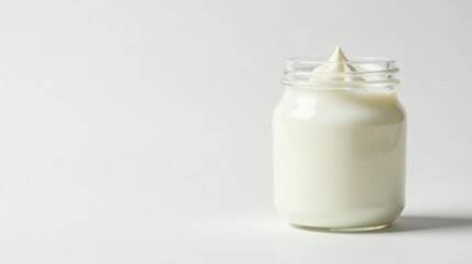 A glass jar filled with creamy white substance, showcasing a smooth texture and a delightful swirl on top against a plain white background.