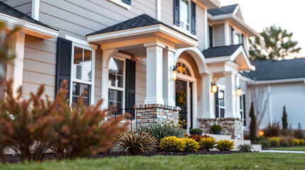 Obraz premium Exterior View of Two-Story House with Porch and Landscaping