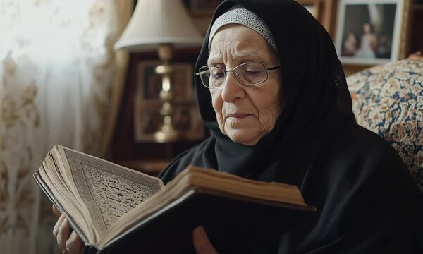 An old Muslim woman in a black hijab carefully reads the Qur'an and prays at home