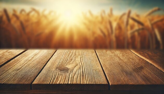 The empty wooden brown table top with blur background of corn field. Exuberant image.