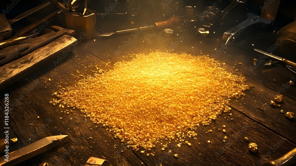 Poster glimmering pile of gold nuggets and dust on rustic wooden table surrounded by vintage tools and soft