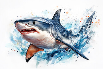 Fototapeta premium Illustration of the Tiger Shark, soft watercolor tones, white background, detailed illustration, cartoonish.