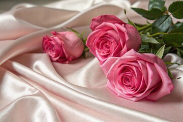 Three pink roses rest delicately on a soft, flowing silk fabric, creating a romantic and elegant scene.