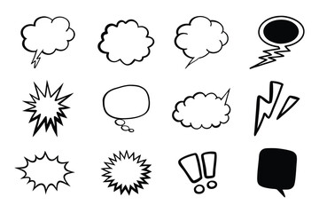 Comic Style Burst and Cloud line art silhouette, Set of Burst and Explosions Vector Icons.	