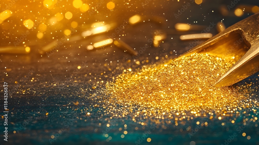 Poster glimmering gold dust and glittering particles spilling from a metallic scoop onto a surface creating