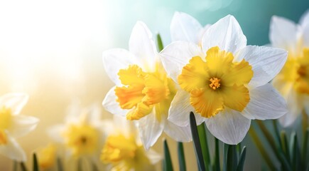 primer plano de campo de flores. narciso. fondo desenfocado. colores vibrantes