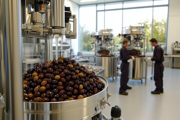 Olive processing in factory: industrial food production of mediterranean diet staple