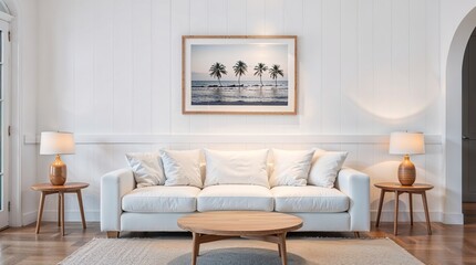 A minimalist living room featuring a white sofa, matching cushions, and wooden side tables with dome lamps. A black and white coastal photograph hangs above the sofa.