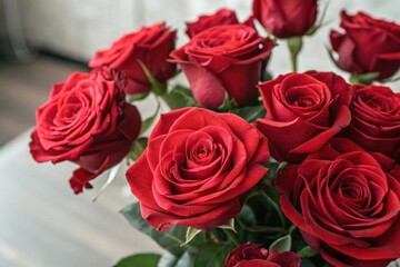 A captivating bouquet of deep crimson roses, exhibiting the exquisite beauty and elegance of nature's artistry.