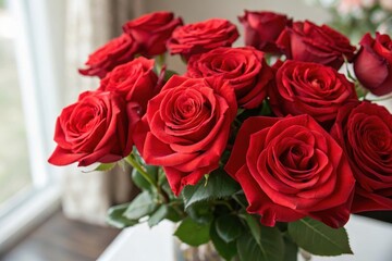 Obraz premium A dozen deep red roses arranged in a vase, near a window, romantic floral bouquet