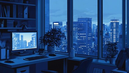 Anime-inspired digital art of a cozy apartment interior with a desk setup, blue tones, plants, and large windows overlooking a city skyline.