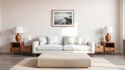 Obraz premium A minimalist living room featuring a white sofa, matching cushions, and wooden side tables with dome lamps. A black and white coastal photograph hangs above the sofa.