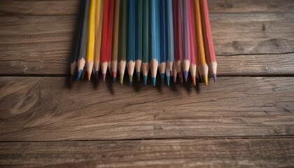 Obraz premium Sharpened colored pencils arranged in a bunch on rustic wood , supplies, detail, macro