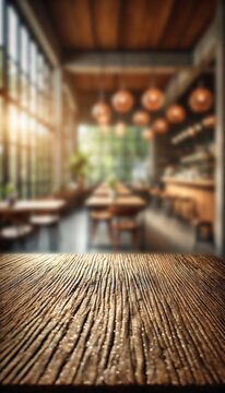 The empty wooden table top with blur background of cafe. Exuberant image.