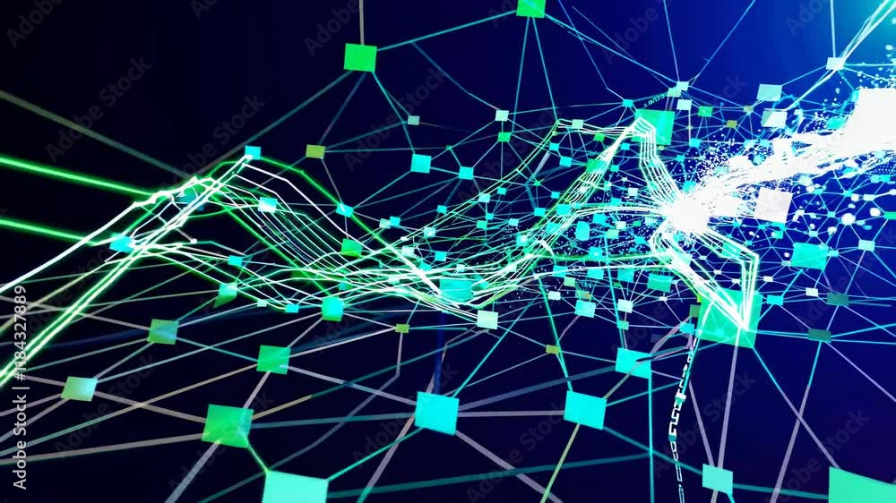 Poster exploring digital connections and data flow in a vibrant abstract visualization
