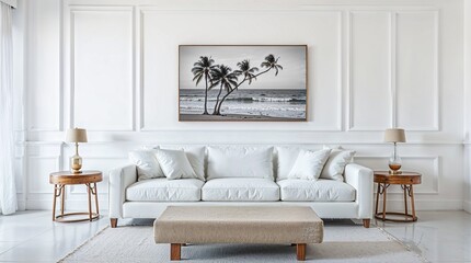 Obraz premium A minimalist living room featuring a white sofa, matching cushions, and wooden side tables with dome lamps. A black and white coastal photograph hangs above the sofa.