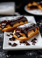 Three éclairs with glossy chocolate glaze and creamy filling, elegantly presented.