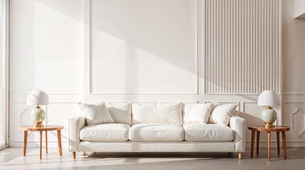 A minimalist living room featuring a white sofa, matching cushions, and wooden side tables with dome lamps. A black and white coastal photograph hangs above the sofa.
