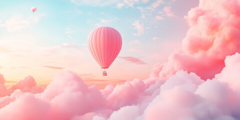Obraz premium The image features a large pink hot air balloon flying in a sky filled with fluffy, pink clouds, creating a dreamy and ethereal atmosphere