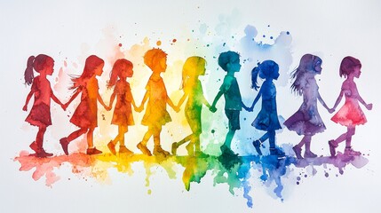 Colorful Watercolor Illustration of Children Holding Hands in a Rainbow, Symbolizing Friendship, Unity, and Diversity in a Playful and Artistic Style