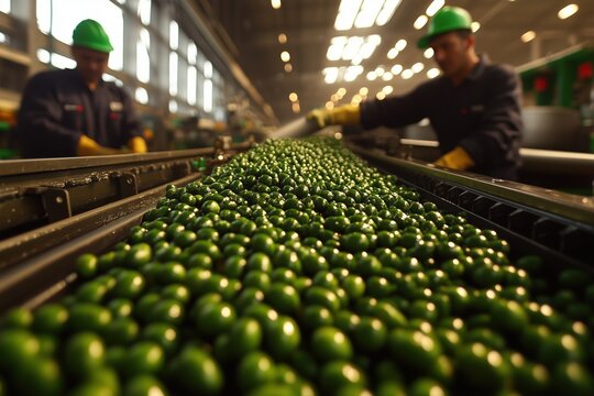 Factory workers supervising green olives processing on conveyor belt