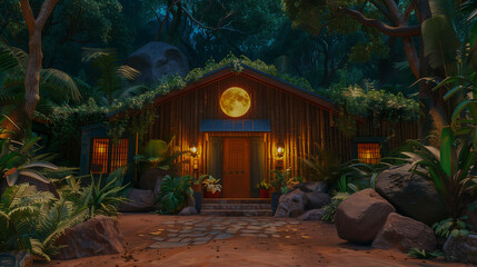 Obraz premium Cozy Forest Cabin Illuminated by Moonlight..