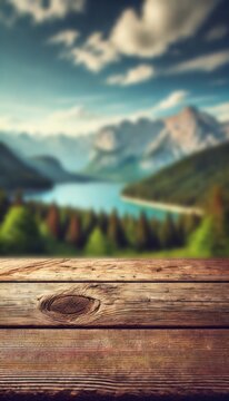 The empty wooden table top with blur background of summer lakes mountain. Exuberant image.