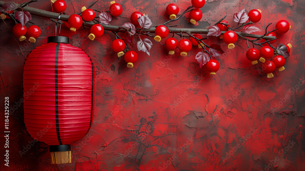 Poster Red Lantern and Decorative Branch on Textured Background..