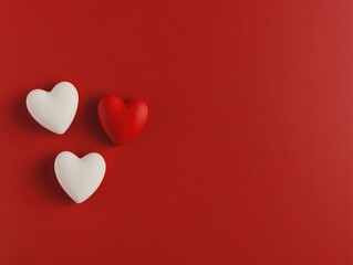 Three white and red hearts on the left side of a solid red background, simple and stylish Valentine's Day concept, suitable for romantic celebrations, adding text or design elements