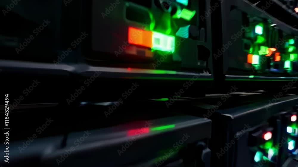 Poster exploring a high-tech data center filled with illuminated servers and advanced networking equipment