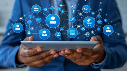 Business Professional Holding Tablet with Digital Network Icons..