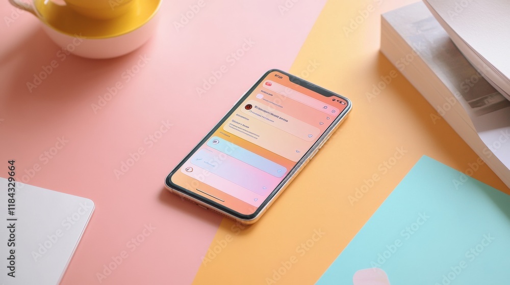 Fototapete close up view of a modern smartphone showing a lively messenger chat on a colorful workspace surface