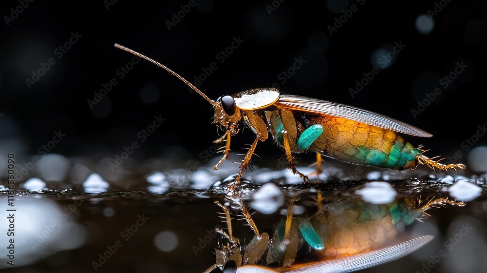 Poster a close-up of a vibrant insect walking on a reflective surface, showcasing intricate details and col