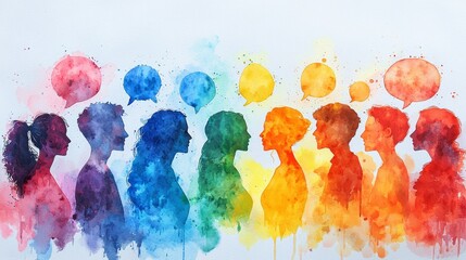 Colorful Silhouettes of People Engaged in Conversation with Speech Bubbles, Representing Communication and Connection in a Vibrant Watercolor Style