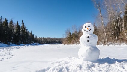 Cheerful Snowman in a Sunny Winter Forest Clearing