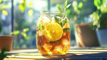 A refreshing iced tea with lemon slices and ice cubes in a mason jar