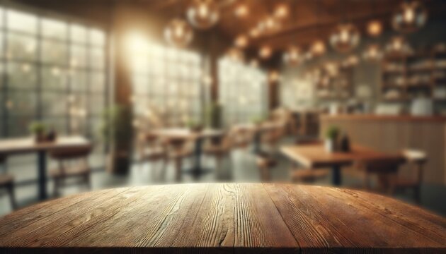 The empty wooden table top with blur background of cafe. Exuberant image.