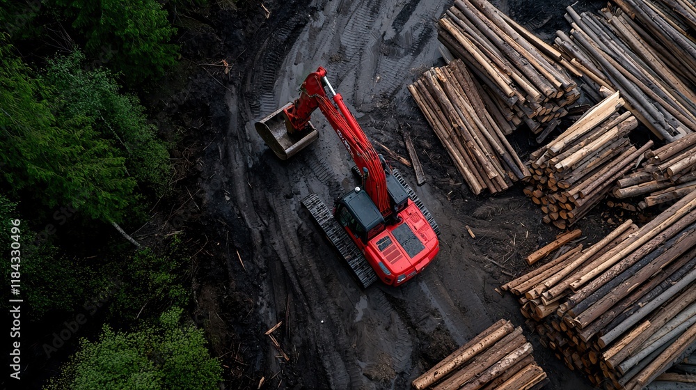 Poster a red logging machine operates among stacked logs in a forested area, showcasing the timber industry