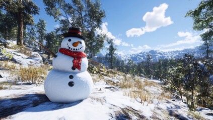Fototapeta premium Cheerful Snowman in a Sunny Winter Landscape