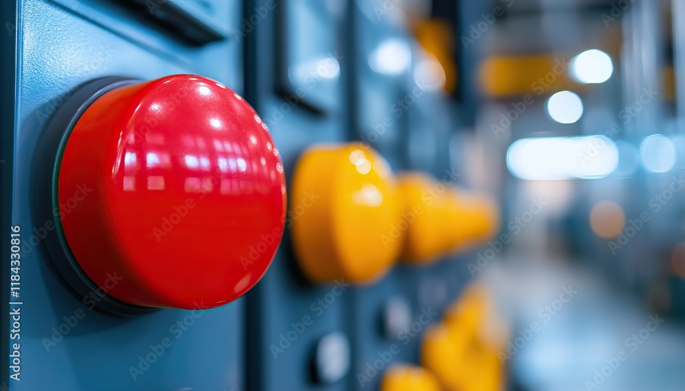 Poster a close-up of control buttons, featuring a prominent red button and several yellow buttons, set agai