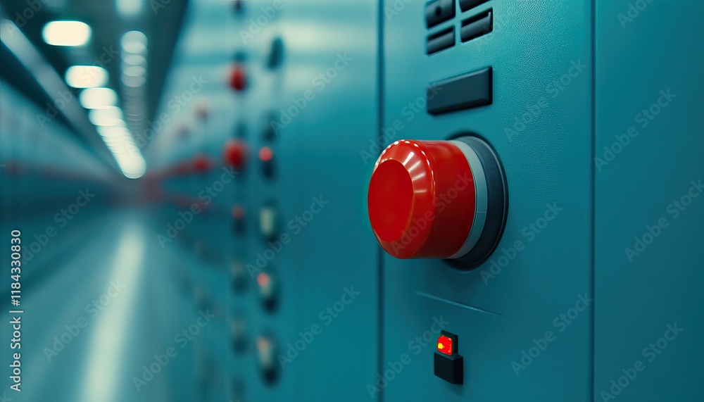 Poster a close-up of a red button on a control panel, featuring various switches and indicators, set agains