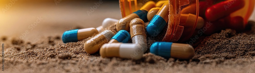 Poster a close-up image of colorful capsules spilled from a container, lying on a sandy surface, highlighti