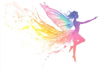 Obraz premium Rainbow-winged fairy silhouette in dreamy clipart style with glitter splashes on white background