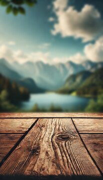 The empty wooden table top with blur background of summer lakes mountain. Exuberant image.