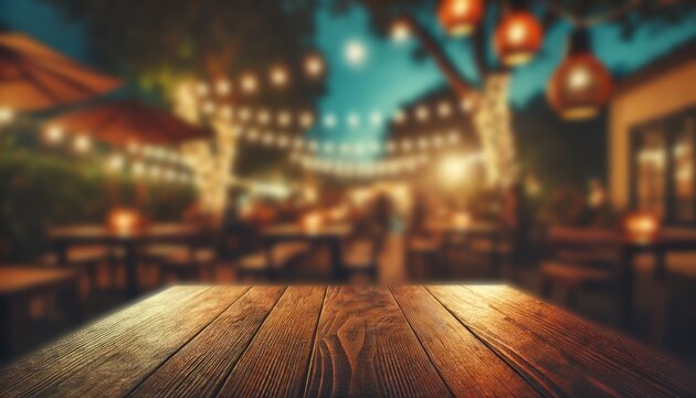 Empty wood table for product display in blur background of admirable restaurant at night