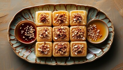 Delicious Korean Hoedeok on a Decorative Plate with Sauces and Toppings